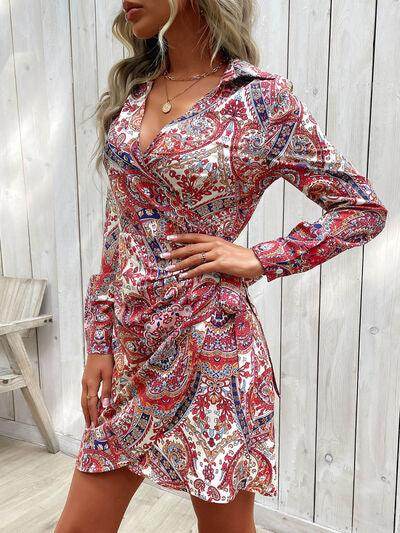 Perfee Tied Printed Long Sleeve Mini Dress for Women