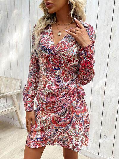 Perfee Tied Printed Long Sleeve Mini Dress for Women