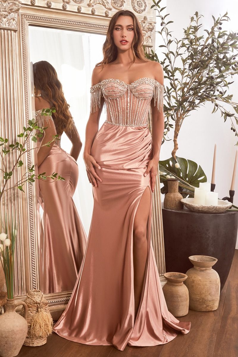 Opulent Regal Off-Shoulder Embellished Satin Gown for Gala - CDCD821
