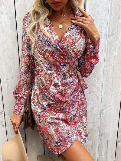 Perfee Tied Printed Long Sleeve Mini Dress for Women