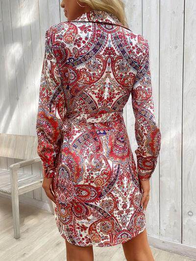 Perfee Tied Printed Long Sleeve Mini Dress for Women