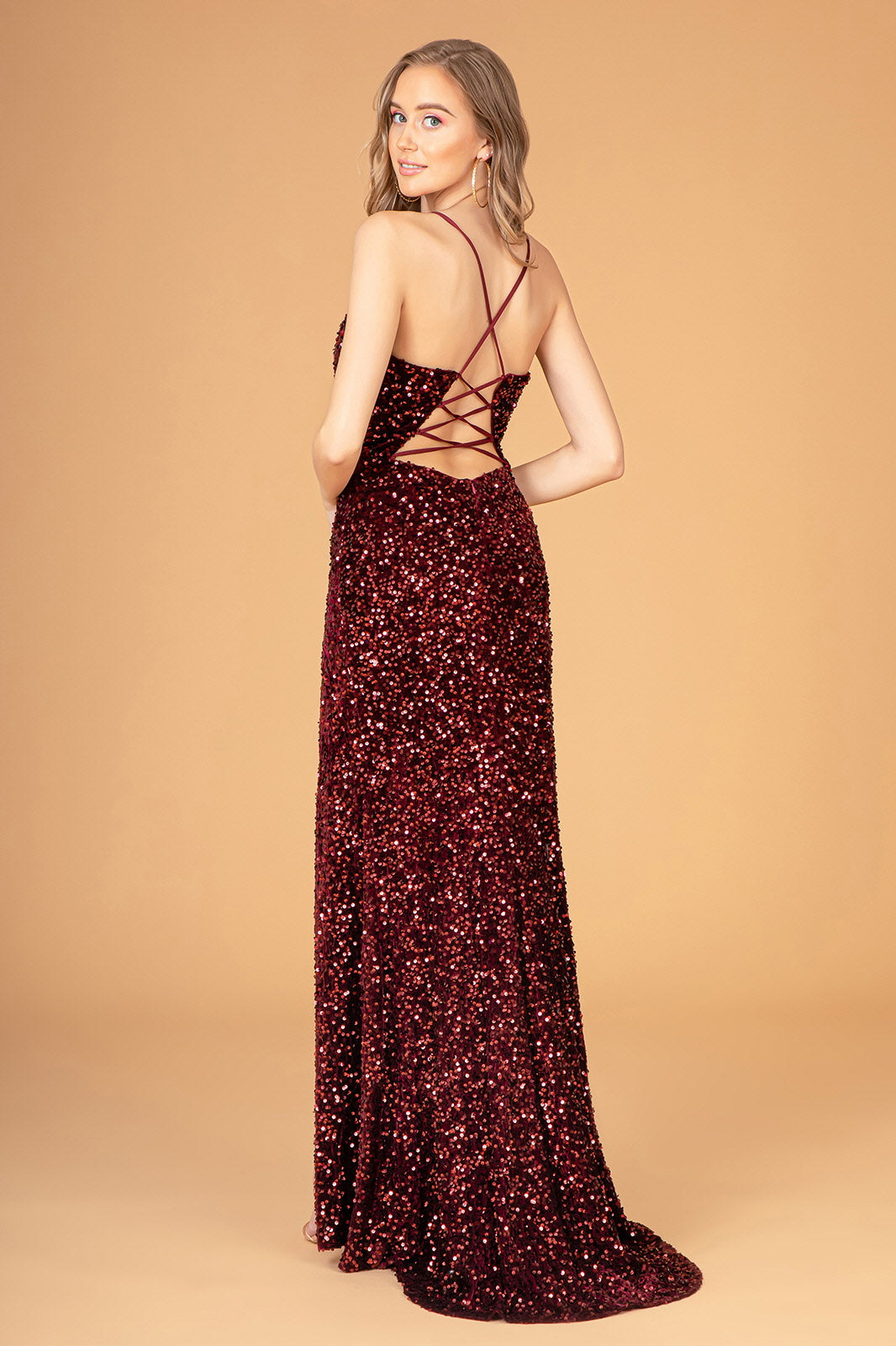 Sequins Embellished Velvet Sheath Gown w/ Leg Slit & Spaghetti Straps GLGL3081